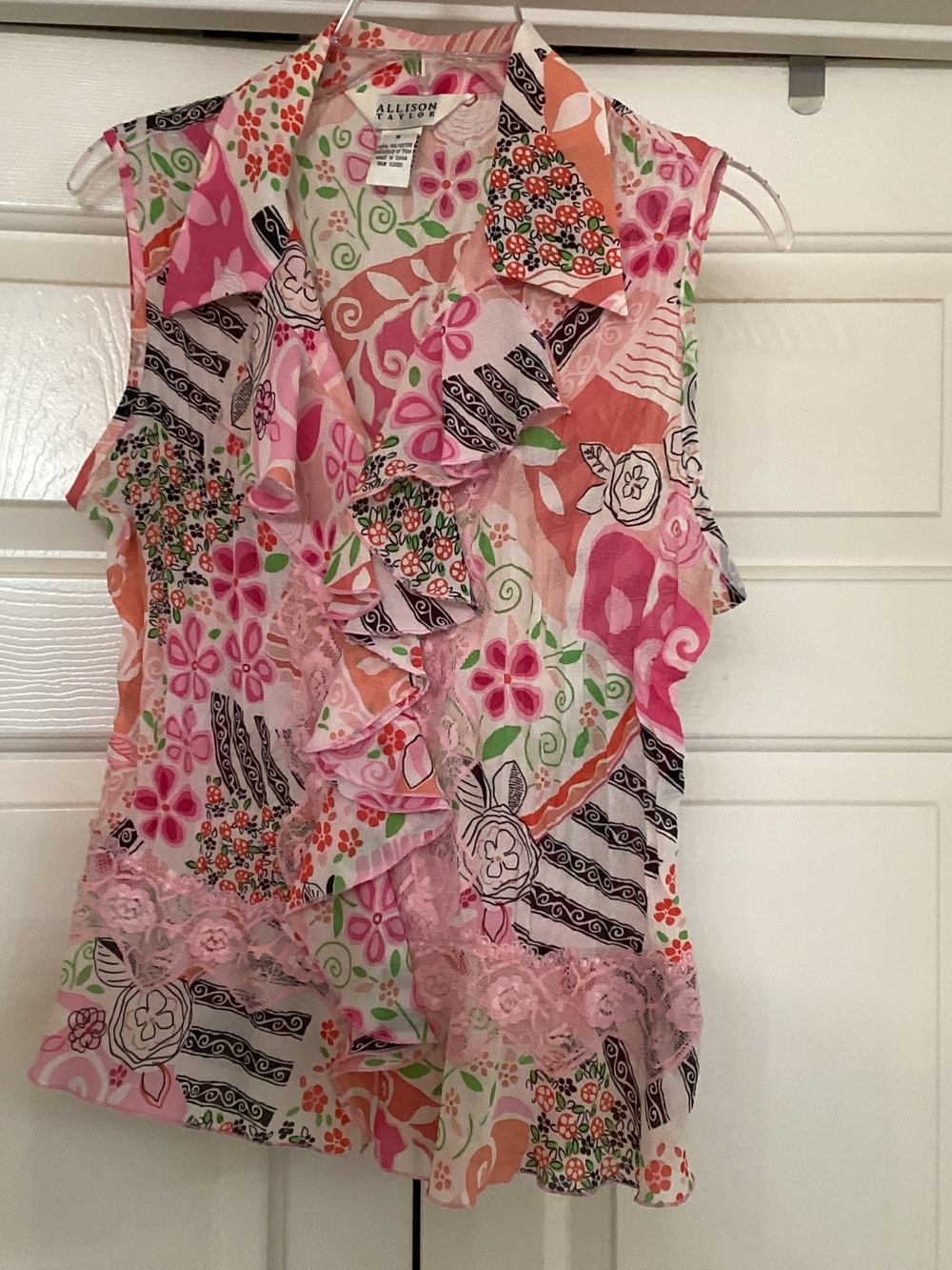 Allison Taylor Pink Floral Ruffle Sleeveless Top